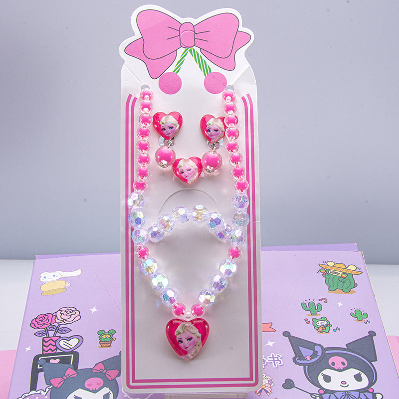 Conjunto de joyería de dibujos animados para niños, collar de perlas hecho a mano, pulsera, anillo, concha, cola de pez, unicornio 