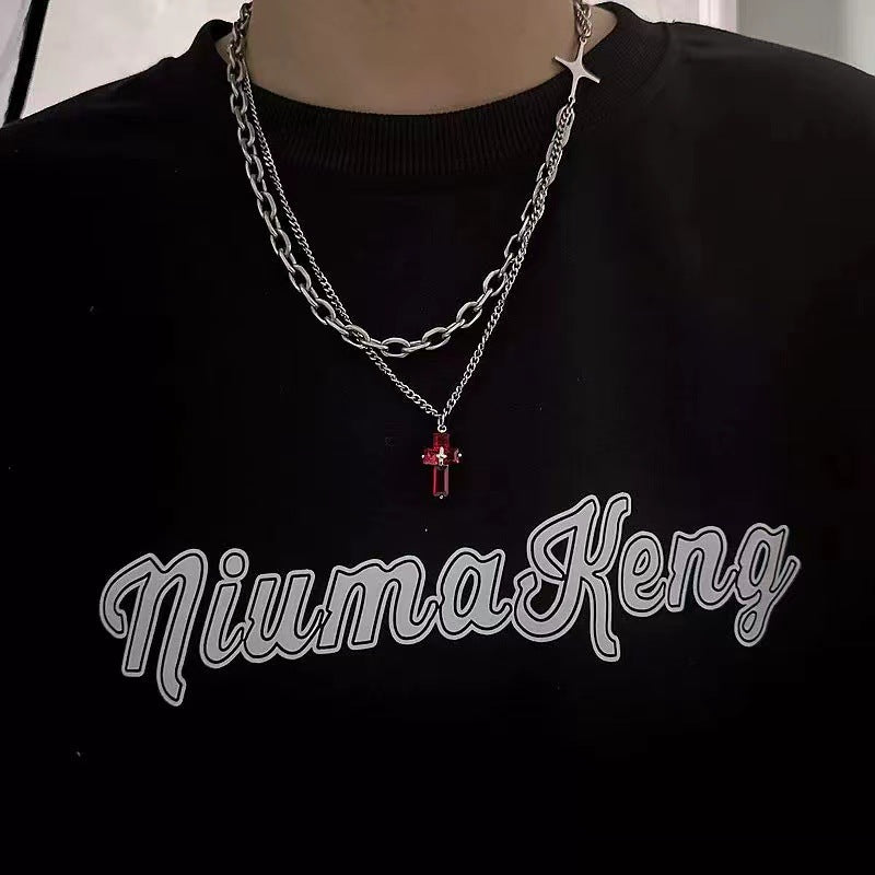Collar de cadena cubana para hombre con circonitas cruzadas de acero y titanio 