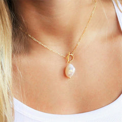 Collar de perlas barrocas de agua dulce, collar de acero inoxidable, cadena cuadrada 