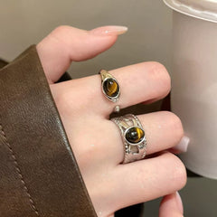 Anillo ajustable con apertura de piedra de ojo de tigre para dedo índice femenino 