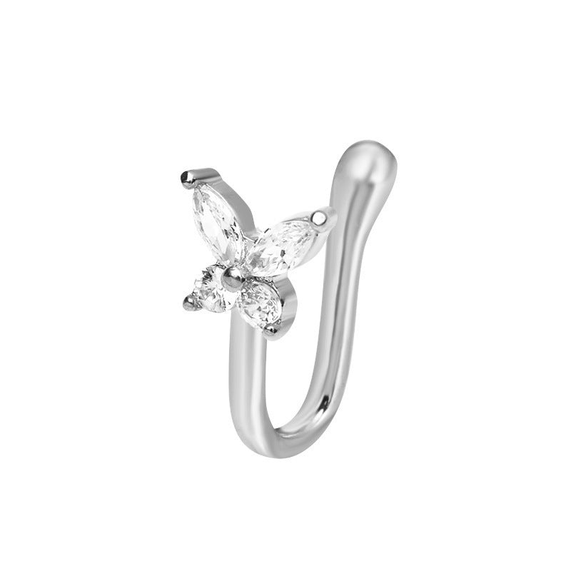 Anillo nasal falso en forma de U, piercing nasal de mariposa con incrustaciones de diamantes sin orificio, clip nasal, joyería anti-punción 