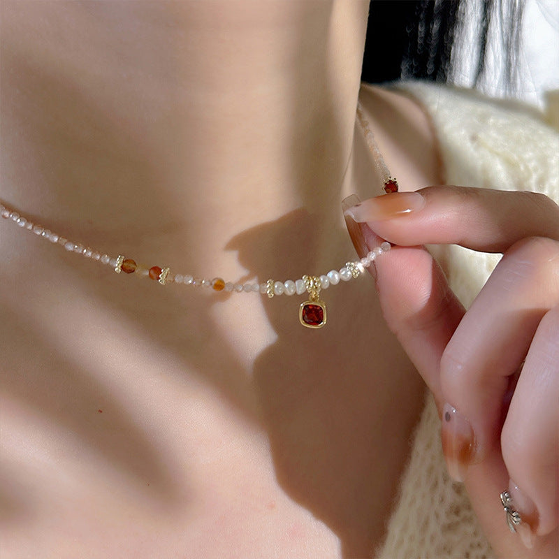 Collar de perlas y cuentas de piedra natural para mujer, cadena de clavícula. 
