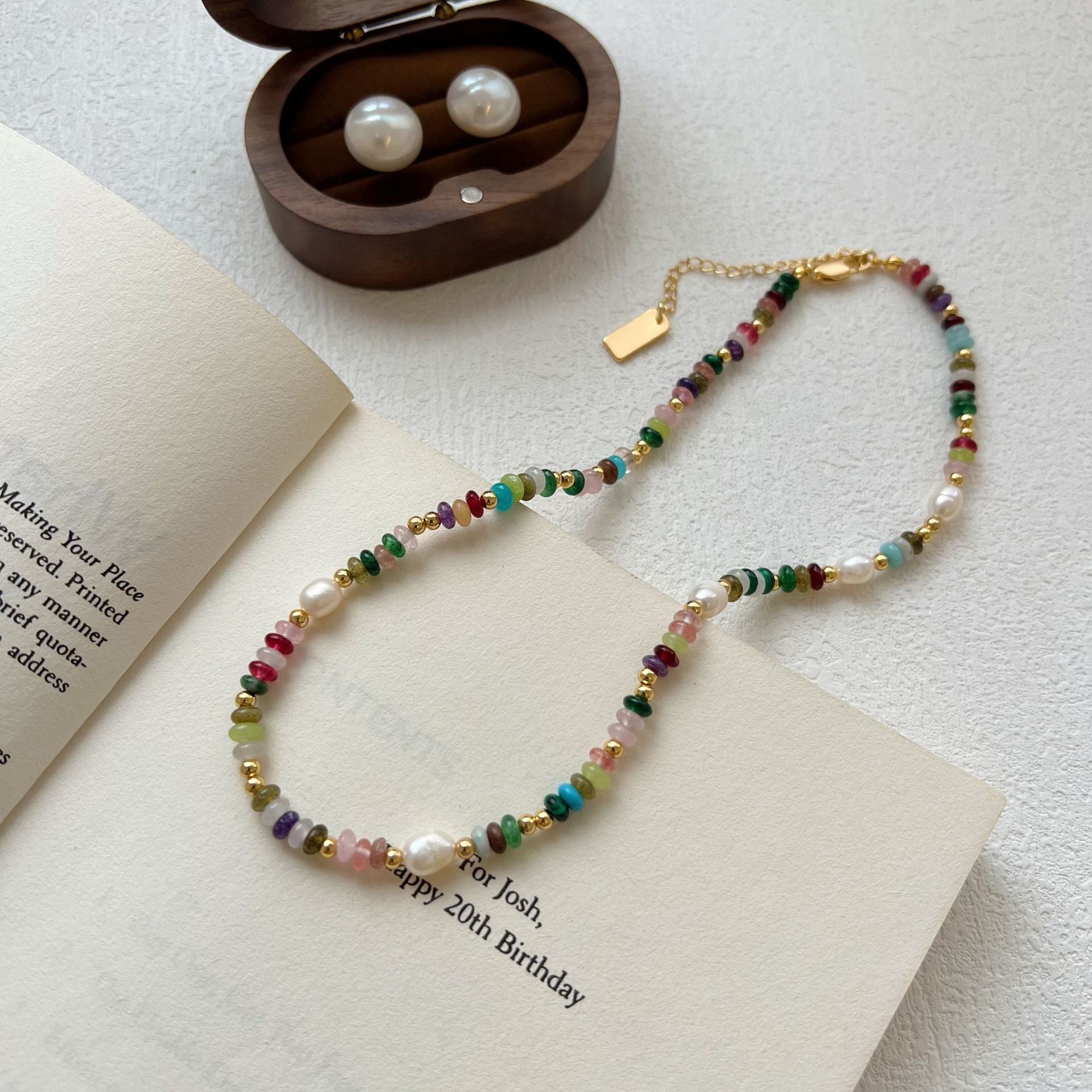 Collar de cuentas de vidrio color perla de piedra natural para mujer, cadena de clavícula 
