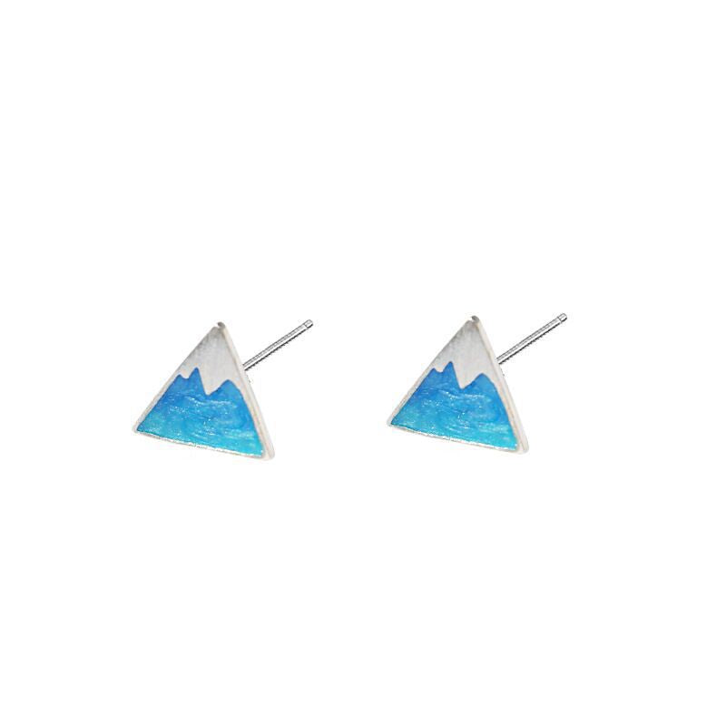 Pendientes de botón geométricos triangulares frescos con personalidad azul del Monte Fuji y esmalte de goteo para mujer 