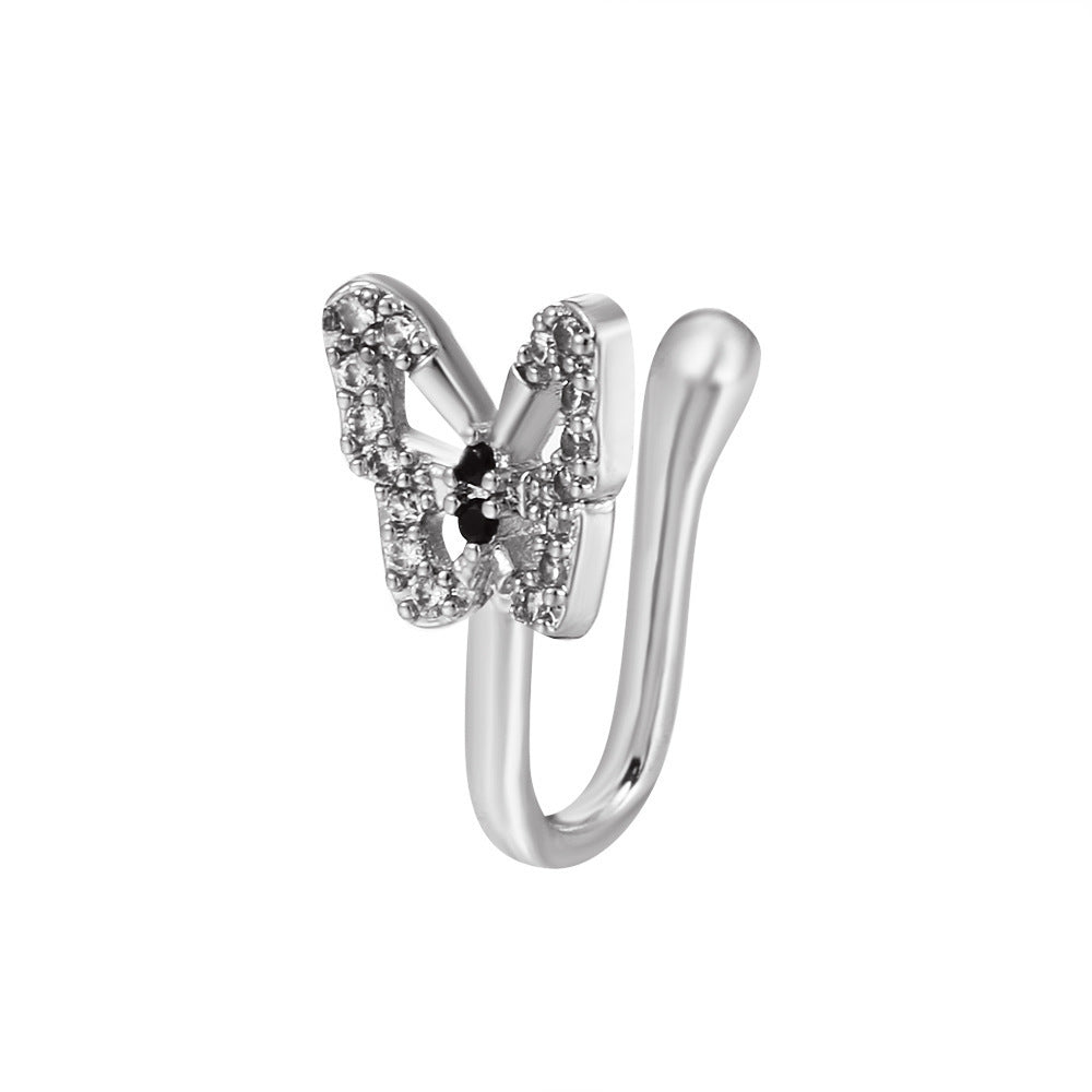 Anillo nasal falso en forma de U, piercing nasal de mariposa con incrustaciones de diamantes sin orificio, clip nasal, joyería anti-punción 