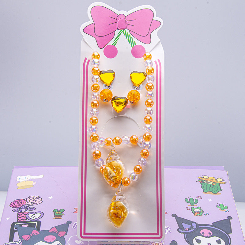 Conjunto de joyería de dibujos animados para niños, collar de perlas hecho a mano, pulsera, anillo, concha, cola de pez, unicornio 
