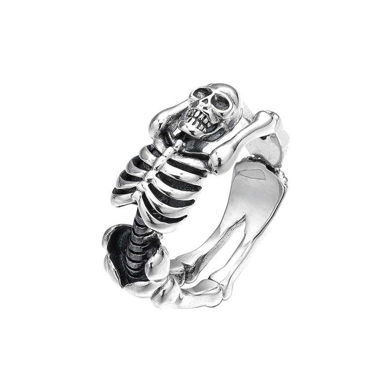 Anillo de calavera de plata tailandesa con forma de hueso, estilo punk, hip hop, joyería de plata. 