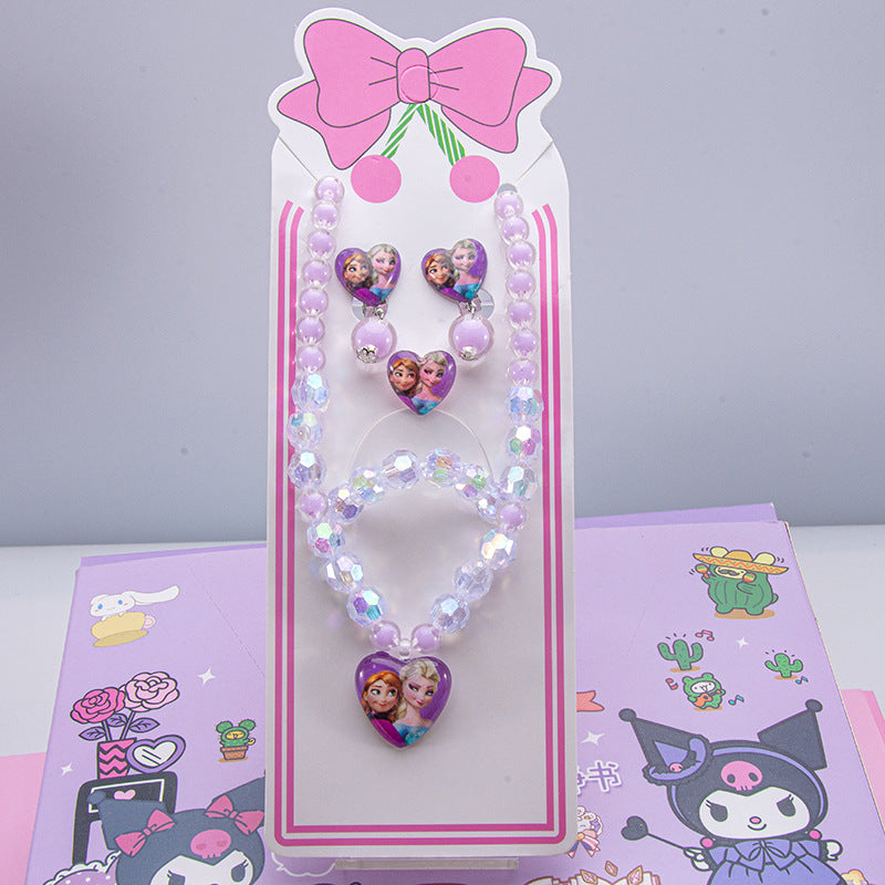 Conjunto de joyería de dibujos animados para niños, collar de perlas hecho a mano, pulsera, anillo, concha, cola de pez, unicornio 