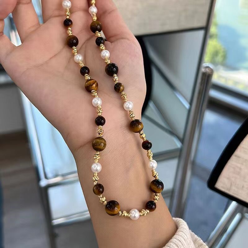 Collar de perlas, piedra de ojo de tigre, collar de bolas de oro pequeñas, cadena de piedra natural 