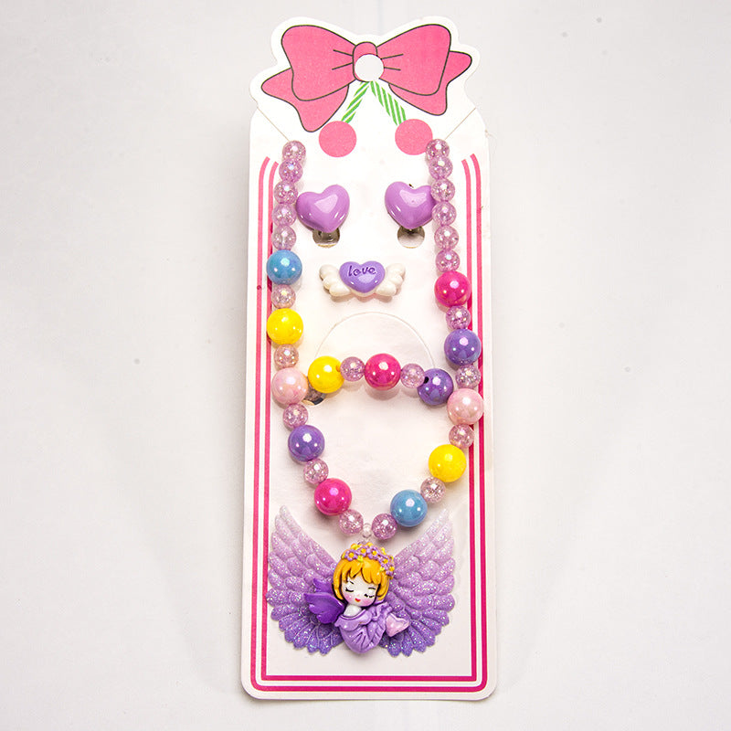 Conjunto de joyería de dibujos animados para niños, collar de perlas hecho a mano, pulsera, anillo, concha, cola de pez, unicornio 