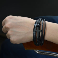 Pulsera de cuero cruzada para hombre, multicapa, tejida a mano, con hebilla magnética 