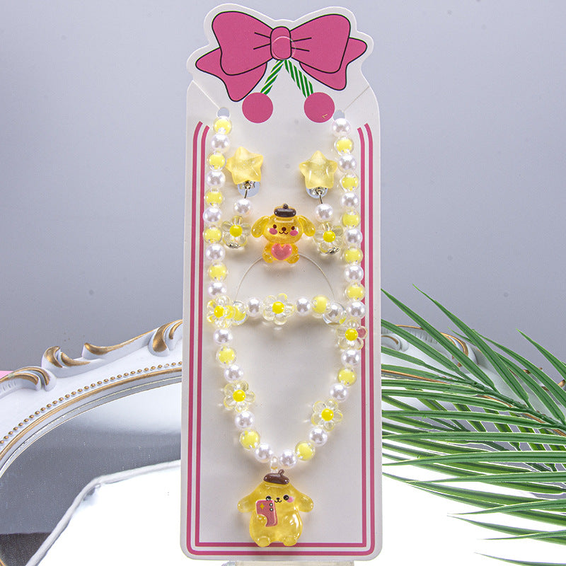 Conjunto de joyería de dibujos animados para niños, collar de perlas hecho a mano, pulsera, anillo, concha, cola de pez, unicornio 