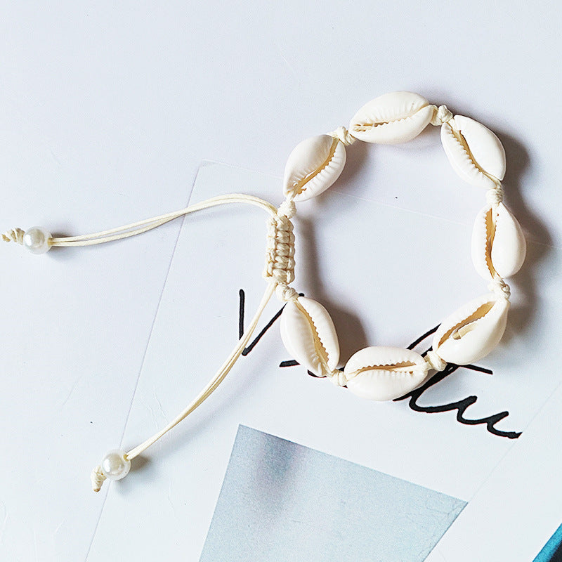 Pulsera tejida de conchas naturales bohemias con cuentas de hilo encerado, pulsera de perlas pintada a mano DIY 