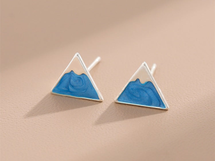 Pendientes de botón geométricos triangulares frescos con personalidad azul del Monte Fuji y esmalte de goteo para mujer 