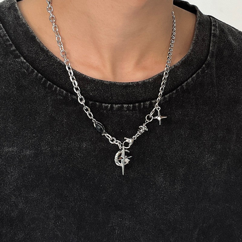 Collar de cadena cubana para hombre con circonitas cruzadas de acero y titanio 