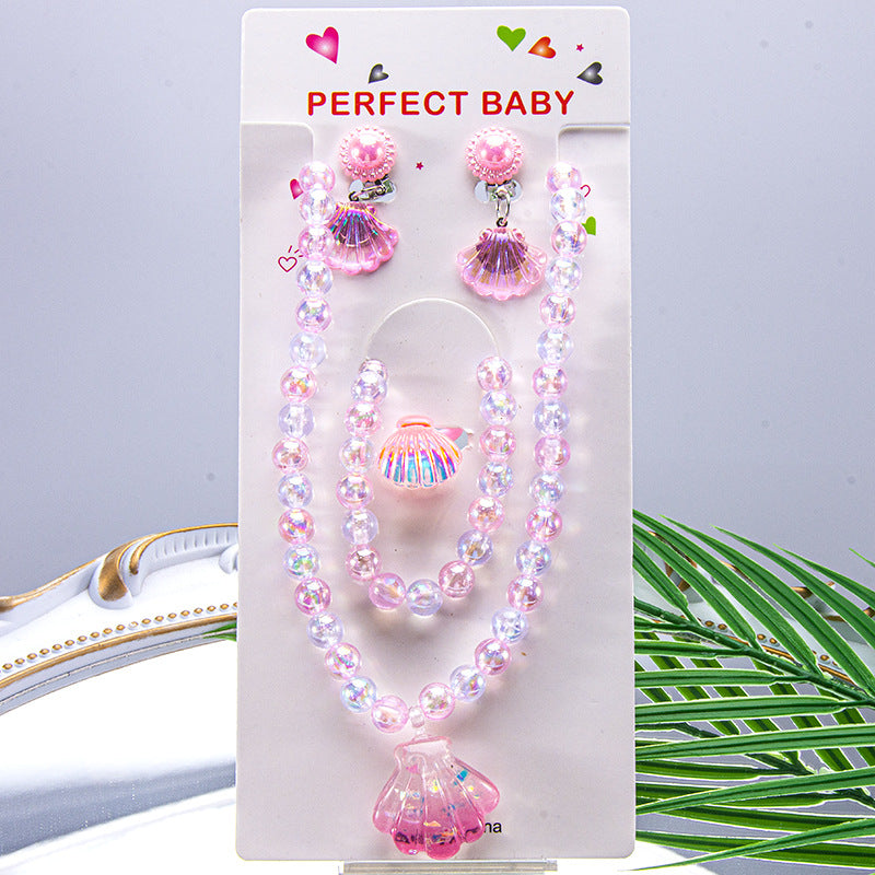Conjunto de joyería de dibujos animados para niños, collar de perlas hecho a mano, pulsera, anillo, concha, cola de pez, unicornio 