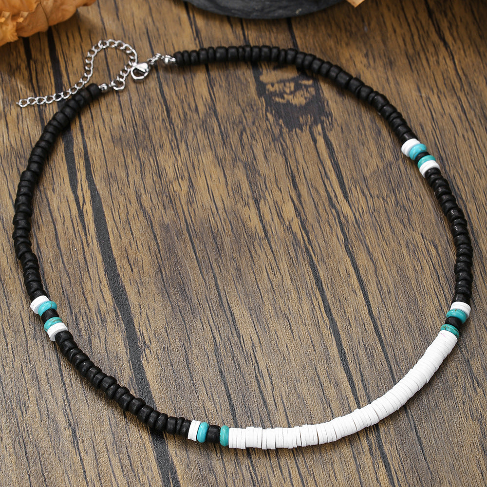 Collar corto con cuentas de madera de concha de coco bohemio para hombre, con tiras apiladas y cuentas turquesas, cadena de clavícula.