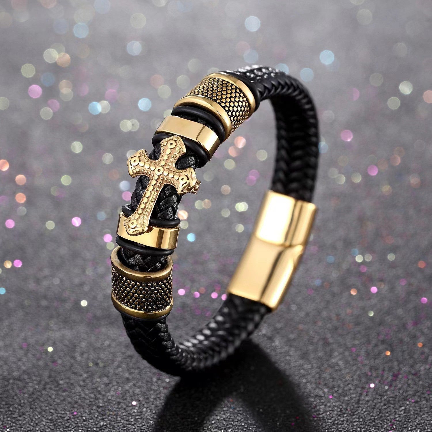 Pulsera de cuero cruzada para hombre, multicapa, tejida a mano, con hebilla magnética 