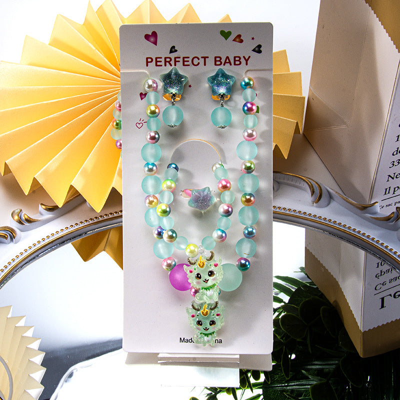 Conjunto de joyería de dibujos animados para niños, collar de perlas hecho a mano, pulsera, anillo, concha, cola de pez, unicornio 