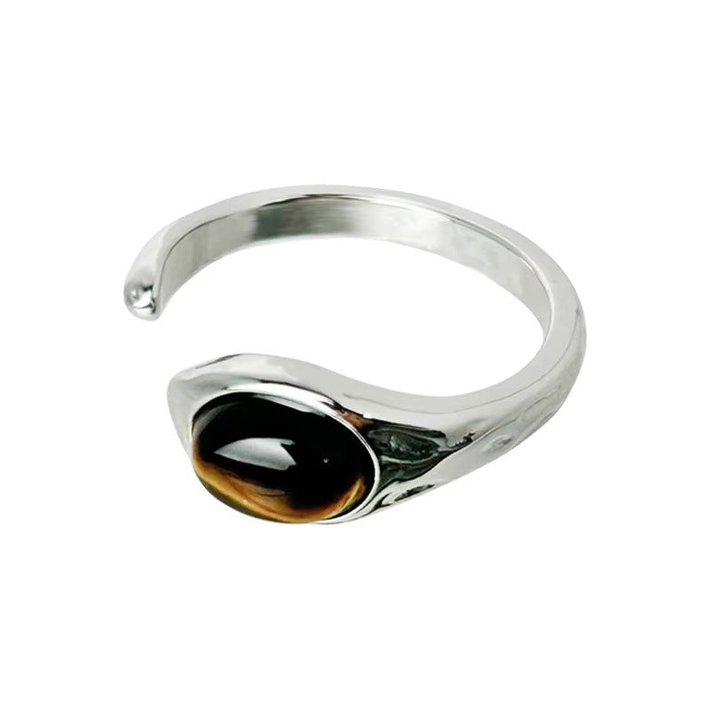 Anillo ajustable con apertura de piedra de ojo de tigre para dedo índice femenino 