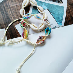 Pulsera tejida de conchas naturales bohemias con cuentas de hilo encerado, pulsera de perlas pintada a mano DIY 