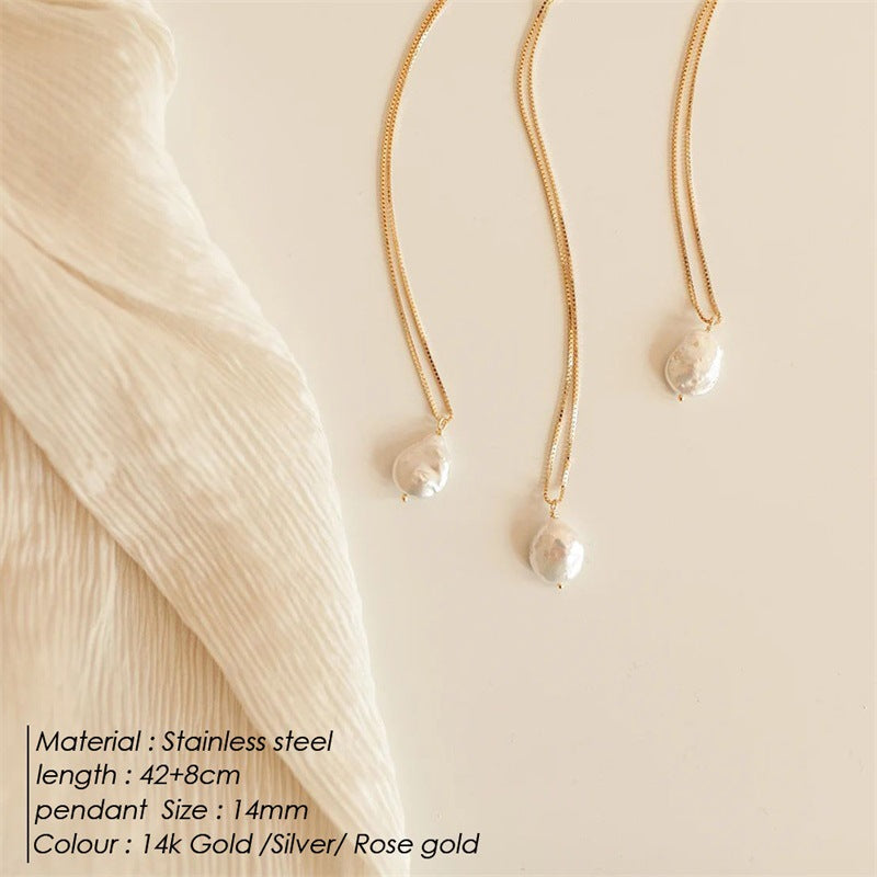 Collar con colgante de perla de agua dulce barroca, cadena chapada en oro, joyería de acero de titanio 