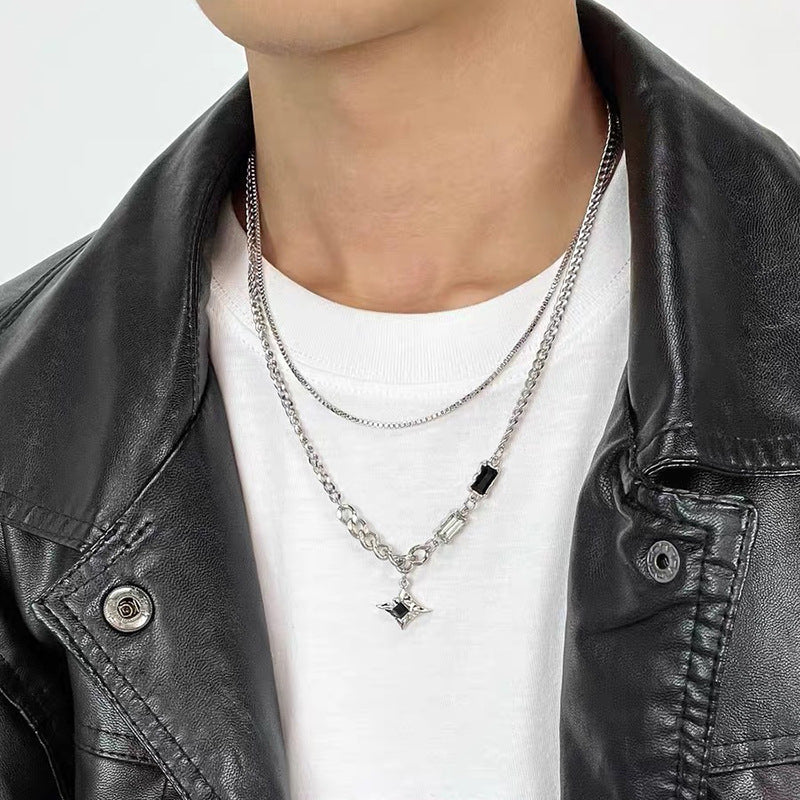 Collar de cadena cubana para hombre con circonitas cruzadas de acero y titanio 