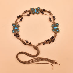 Rhinestone Butterfly Waist Chain, Hand-woven Wood Bead Wax Rope Belt, Bohemian Body Chain
