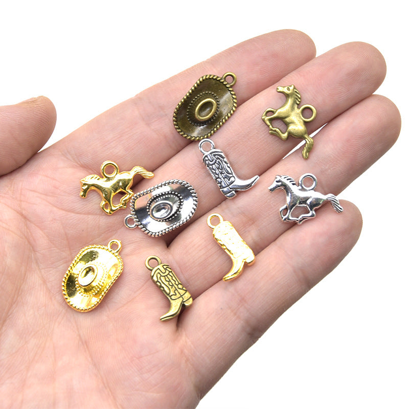 Accesorios de aleación para hacer tú mismo: colgantes de zapatos, sombreros y caballos de mezclilla estilo western 