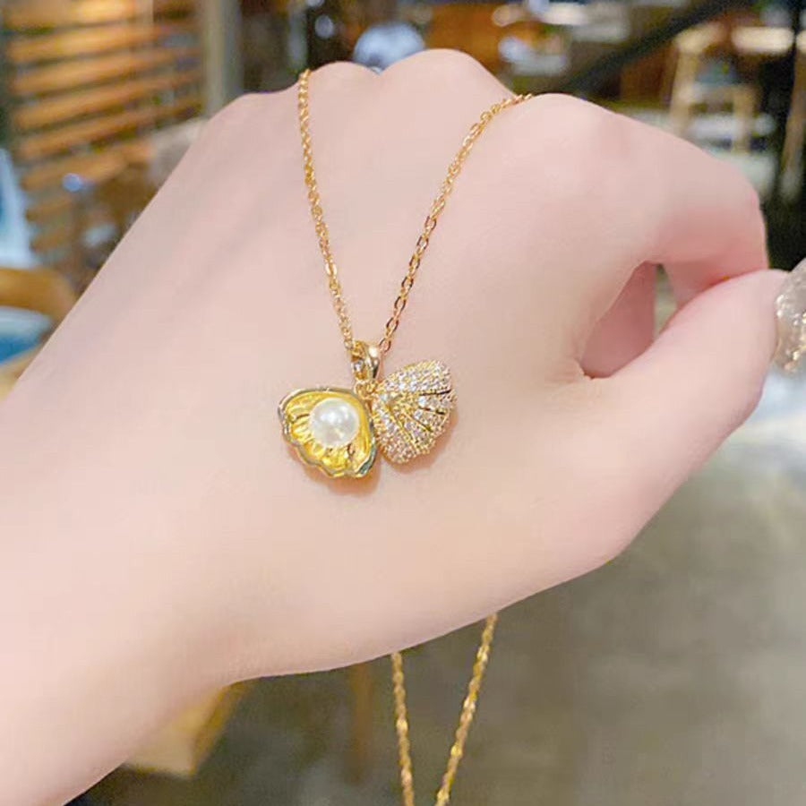 Collar de perlas de concha con microincrustaciones de circonitas, cadena corta para clavícula de mujer, 2 piezas 