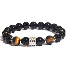 Pulsera de acero inoxidable con cuentas negras de obsidiana y ojo de tigre para hombre
