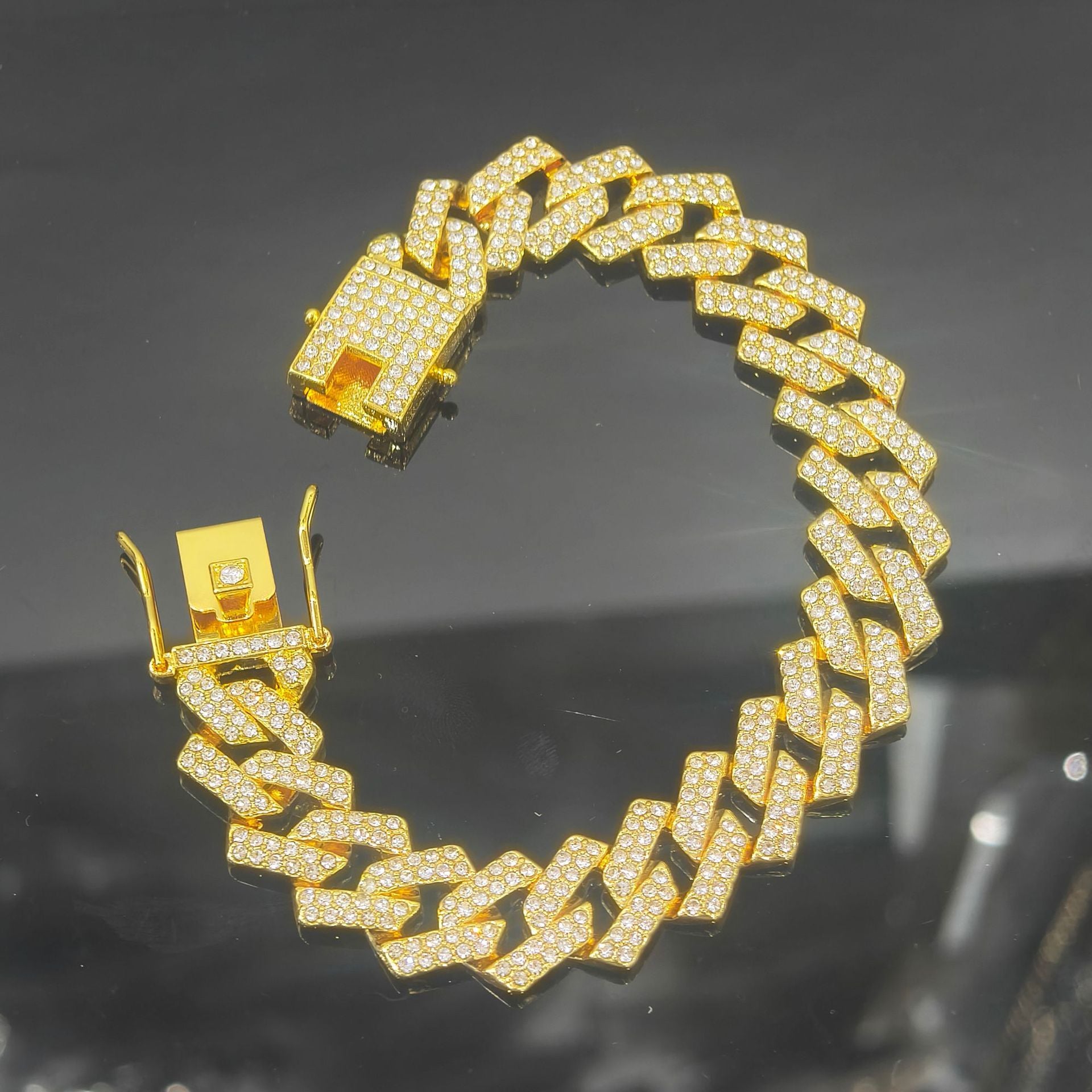 Collar de hip hop para hombre, cadena cubana de aleación de 15 mm con rombos de diamantes, doble fila, estilo hip hop 