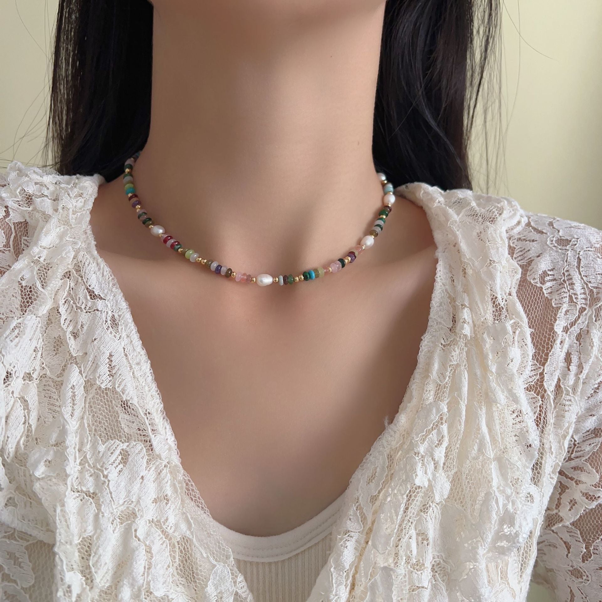 Collar de cuentas de vidrio color perla de piedra natural para mujer, cadena de clavícula 