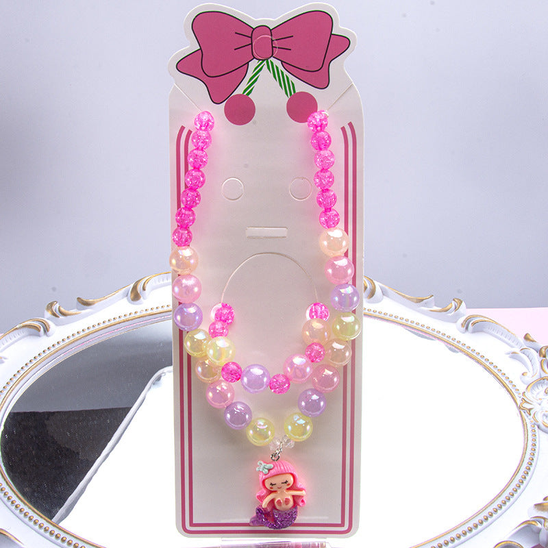 Conjunto de joyería de dibujos animados para niños, collar de perlas hecho a mano, pulsera, anillo, concha, cola de pez, unicornio 